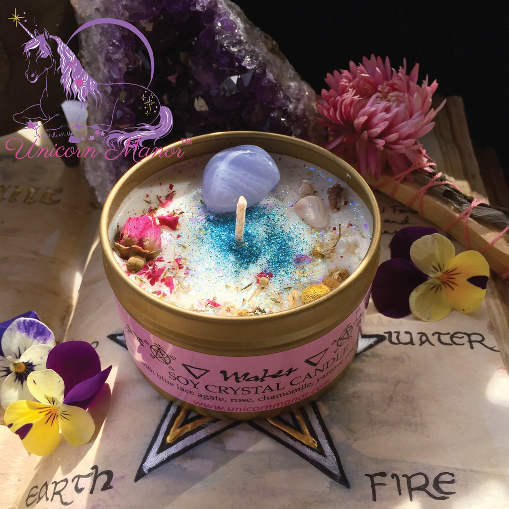 Mystic Unicorn Earth Fire Water Air Crystal Candle Bundle Set - Elemental Magick