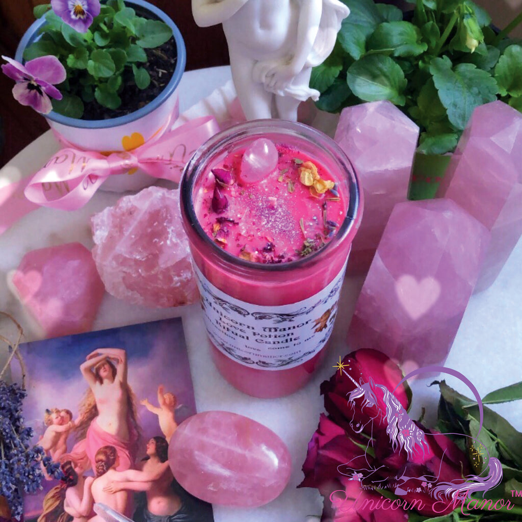 Mystic Unicorn Love Potion Rose Ritual Crystal Candle