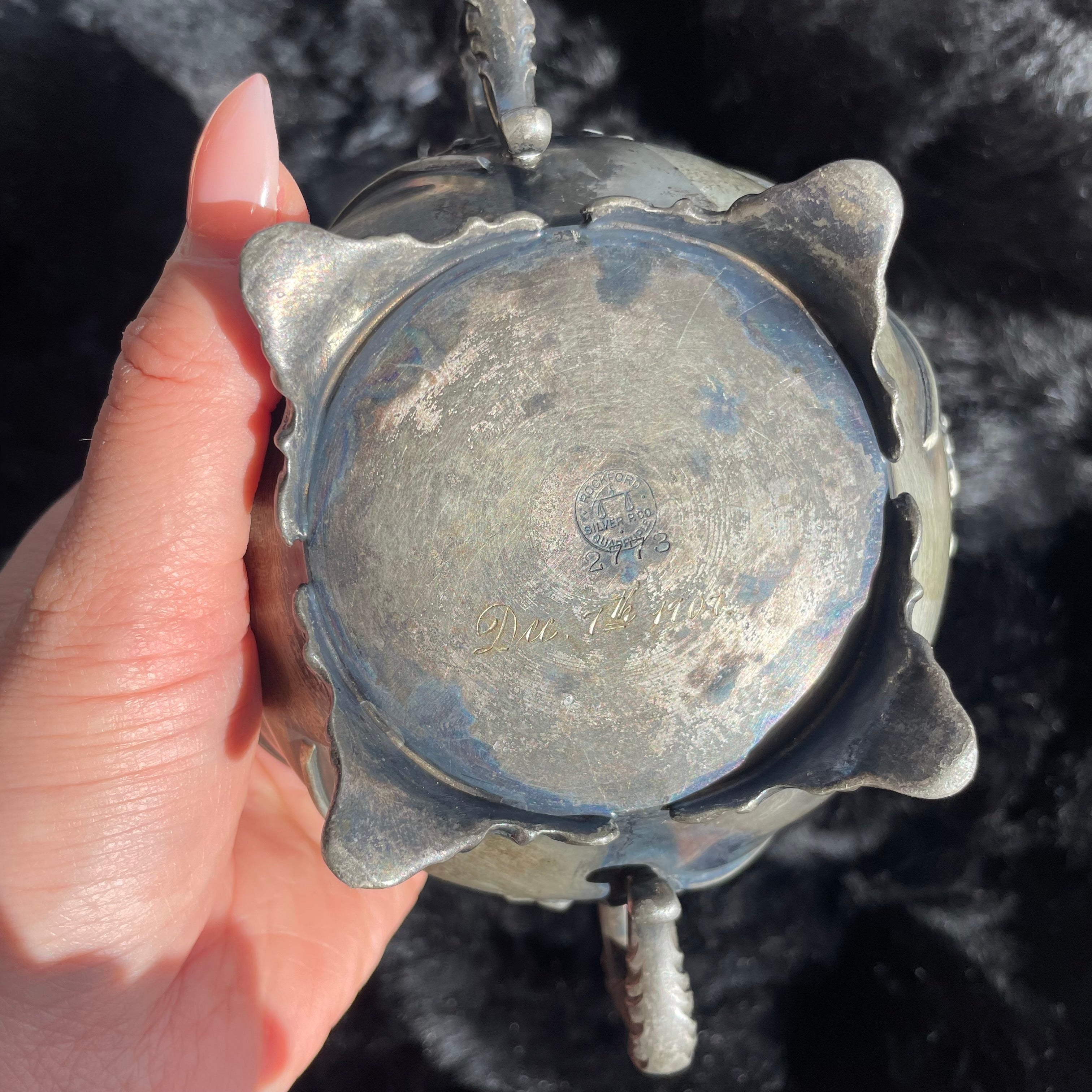 Antique Art Nouveau Rockford Silver cauldron witchy sugar bowl floral 1907