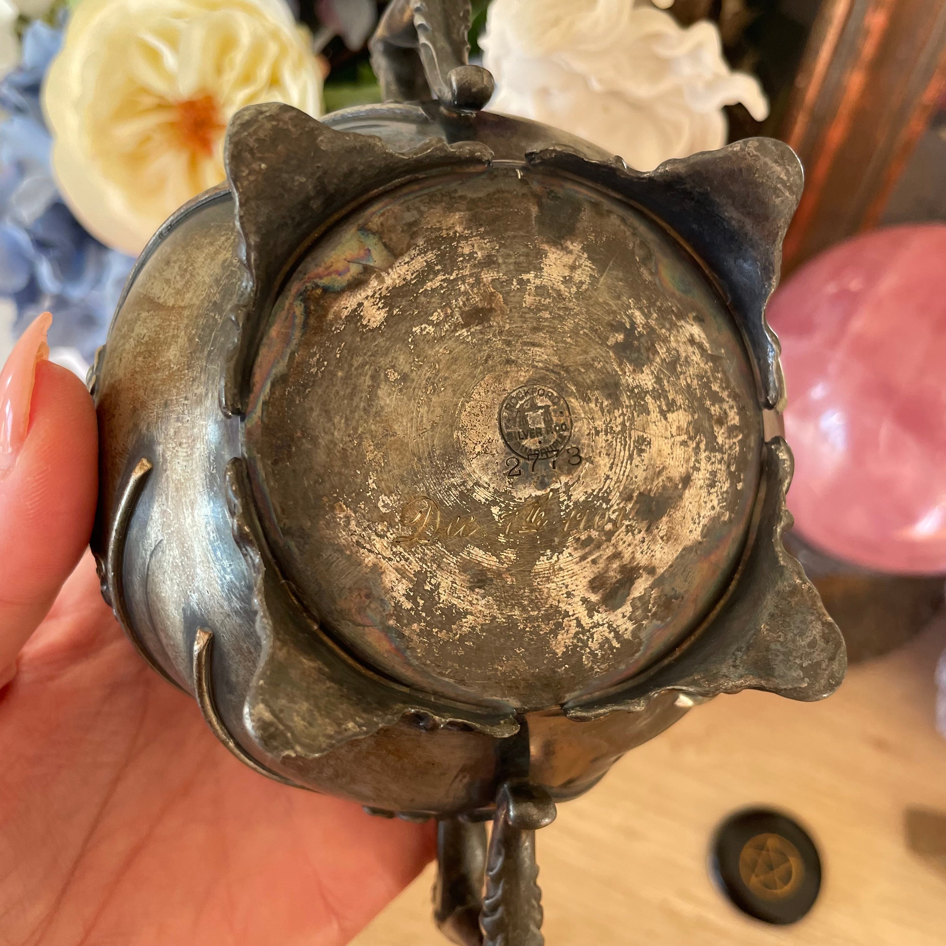 Antique Art Nouveau Rockford Silver cauldron witchy sugar bowl floral 1907