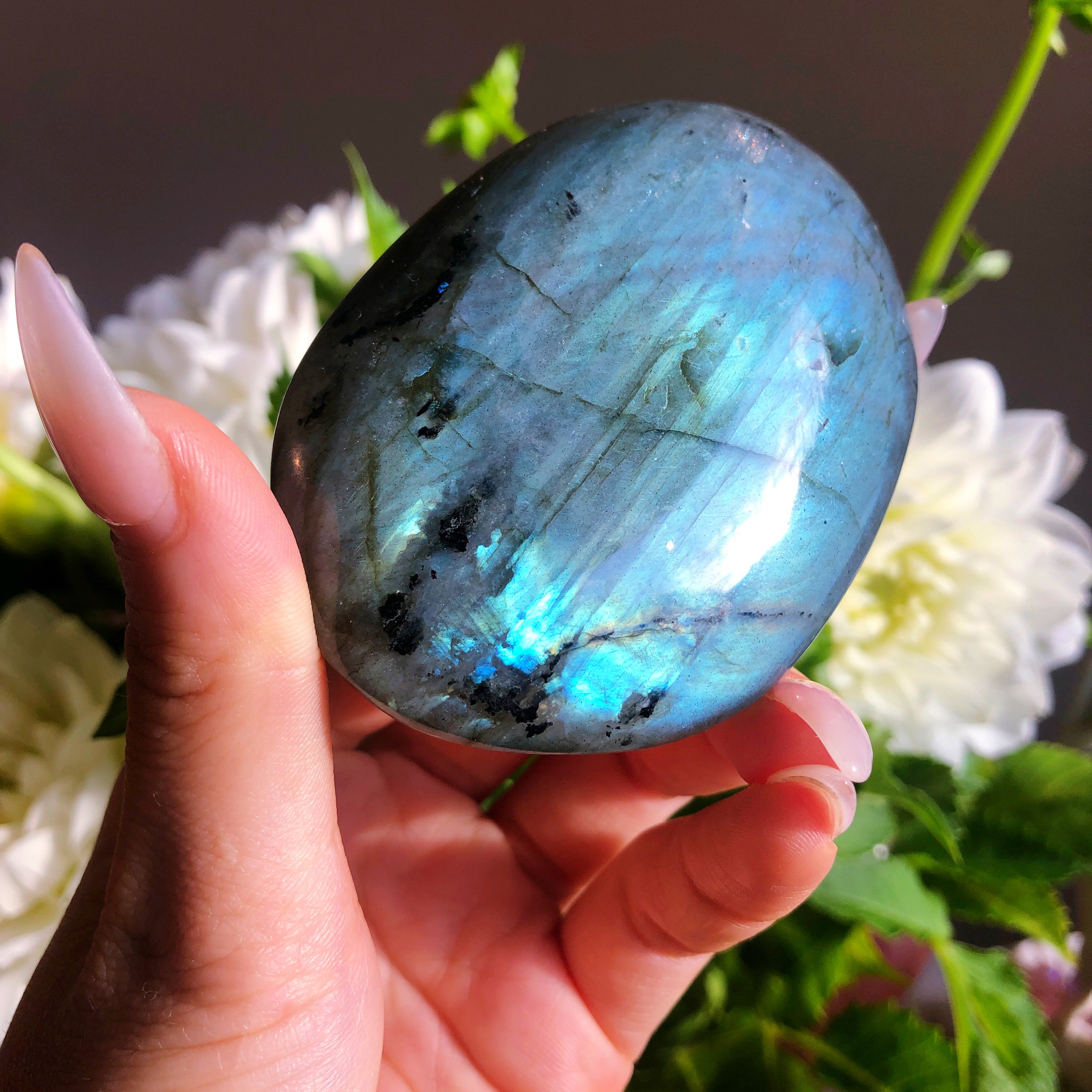 Large Labradorite Palmstone with Black Tourmaline inclusions #1