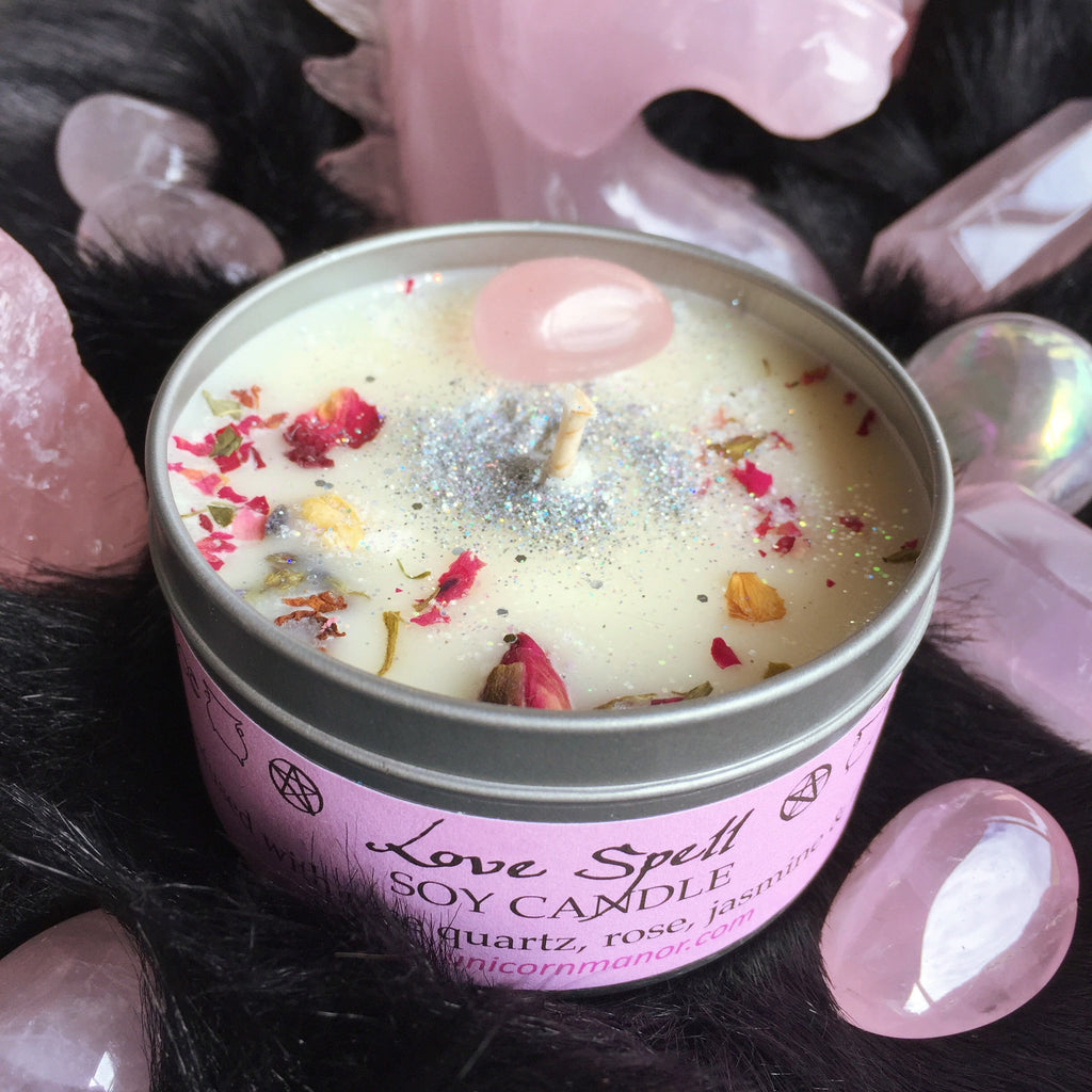 Mystic Unicorn Love Spell Rose Crystal Candle