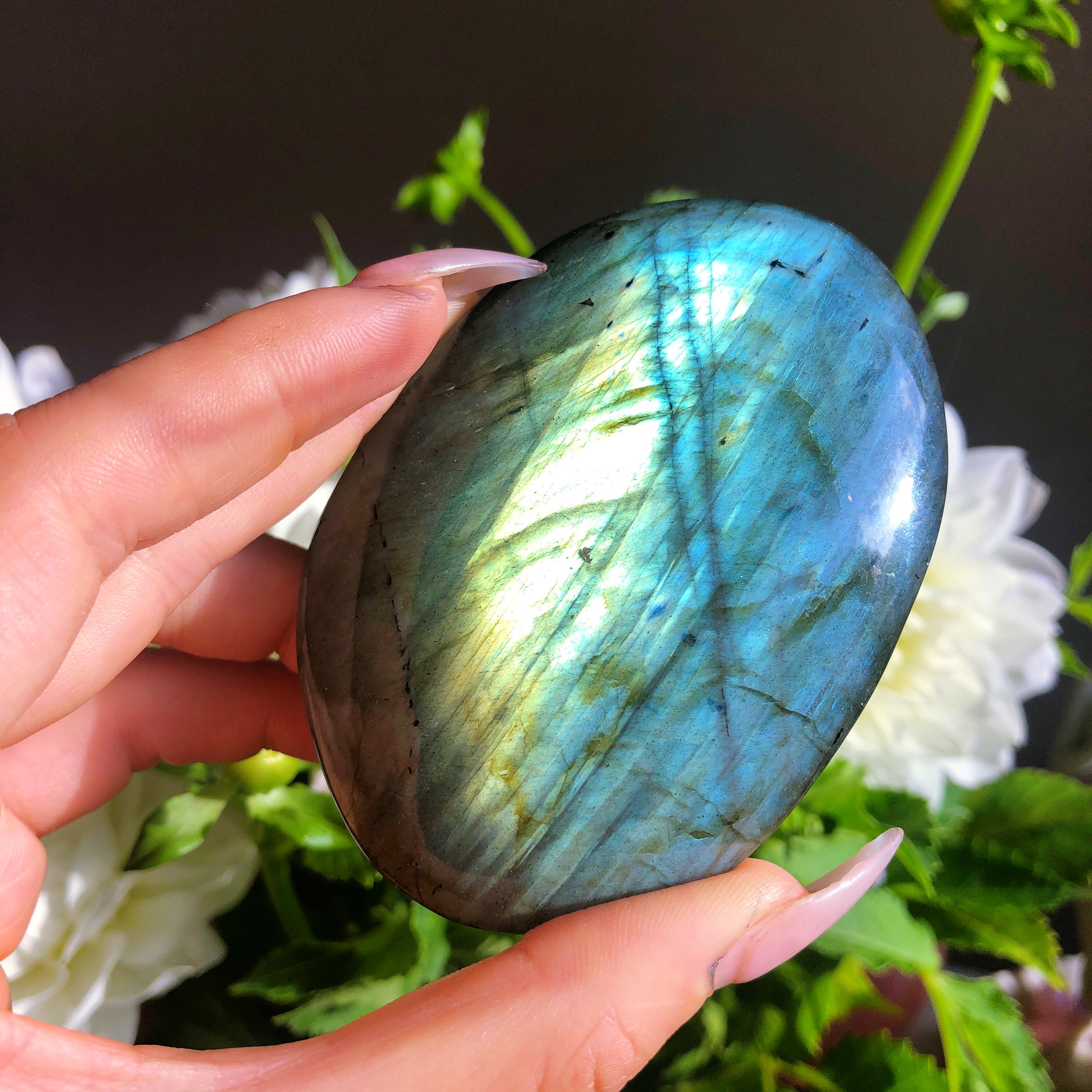 Large Labradorite Palmstone with Black Tourmaline inclusions #1