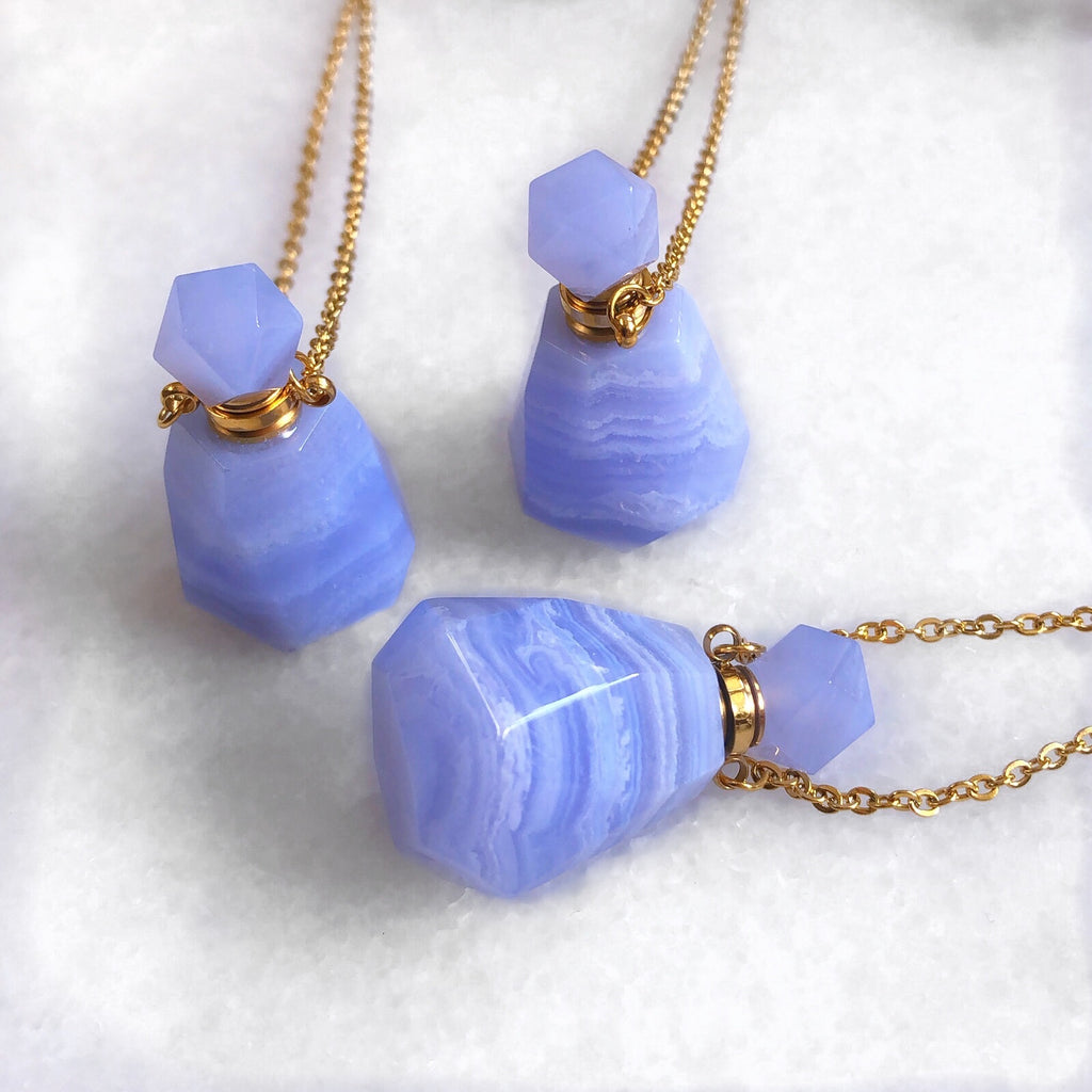 Blue Lace Agate Crystal Perfume Bottle Necklace
