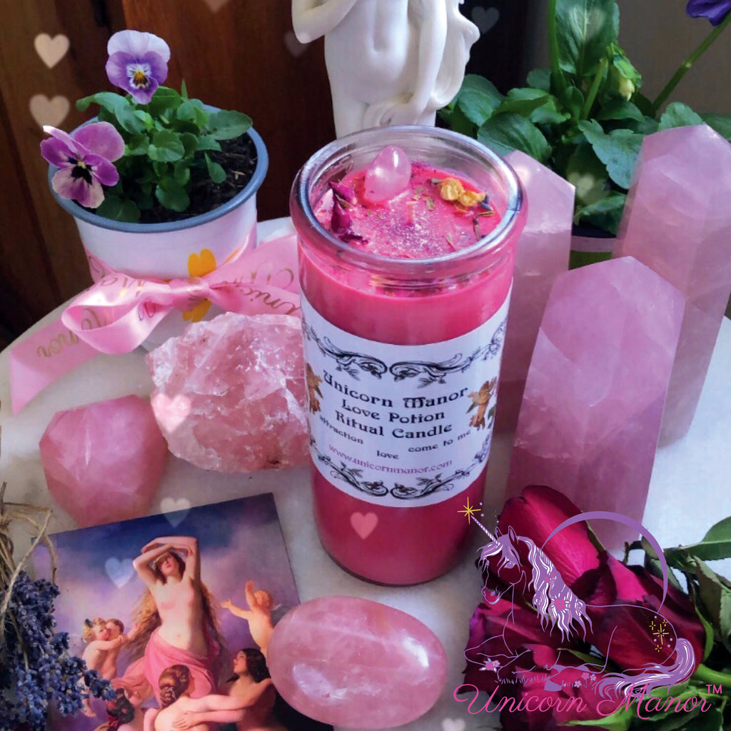 Mystic Unicorn Love Potion Rose Ritual Crystal Candle